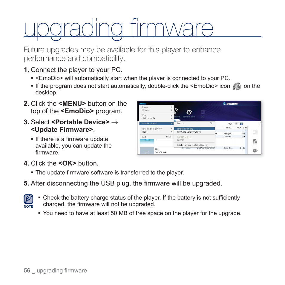 Upgrading firmware, Upgrading ﬁ rmware | Samsung YP-U5JQR-XAA User Manual | Page 56 / 68