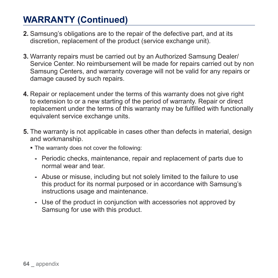 Warranty (continued) | Samsung YP-U5JQR-XAA User Manual | Page 64 / 68