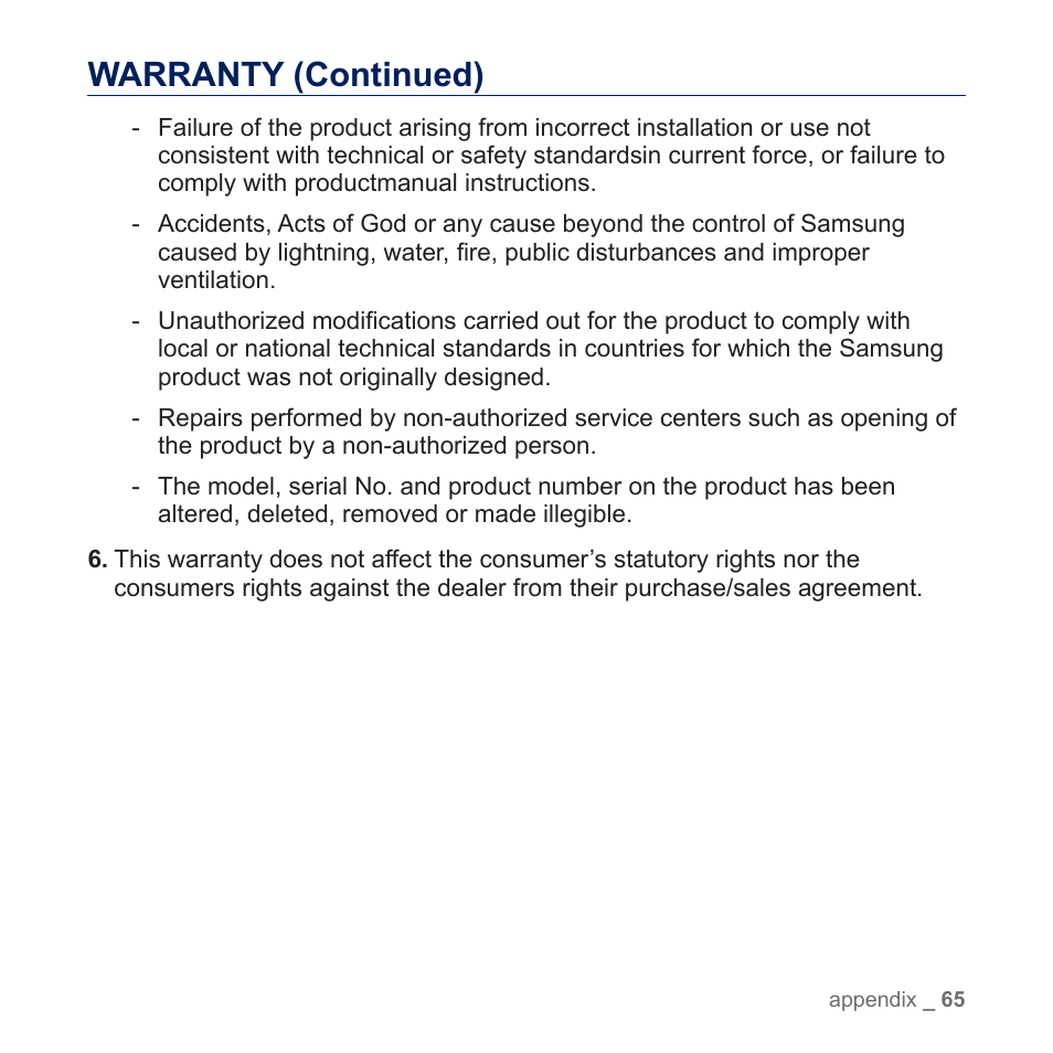 Warranty (continued) | Samsung YP-U5JQR-XAA User Manual | Page 65 / 68