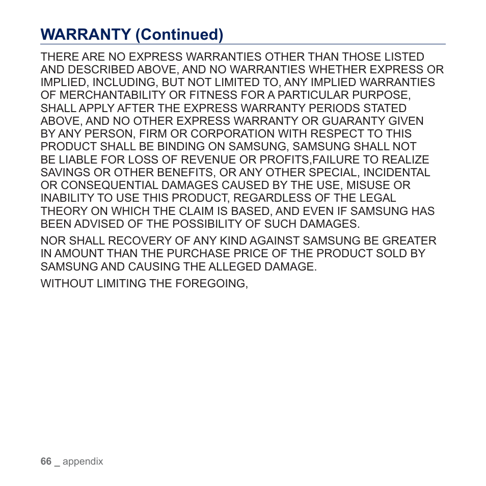 Warranty (continued) | Samsung YP-U5JQR-XAA User Manual | Page 66 / 68