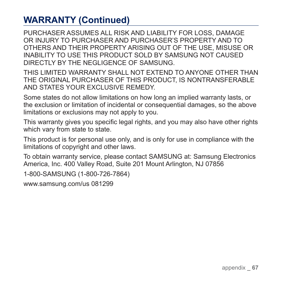 Warranty (continued) | Samsung YP-U5JQR-XAA User Manual | Page 67 / 68