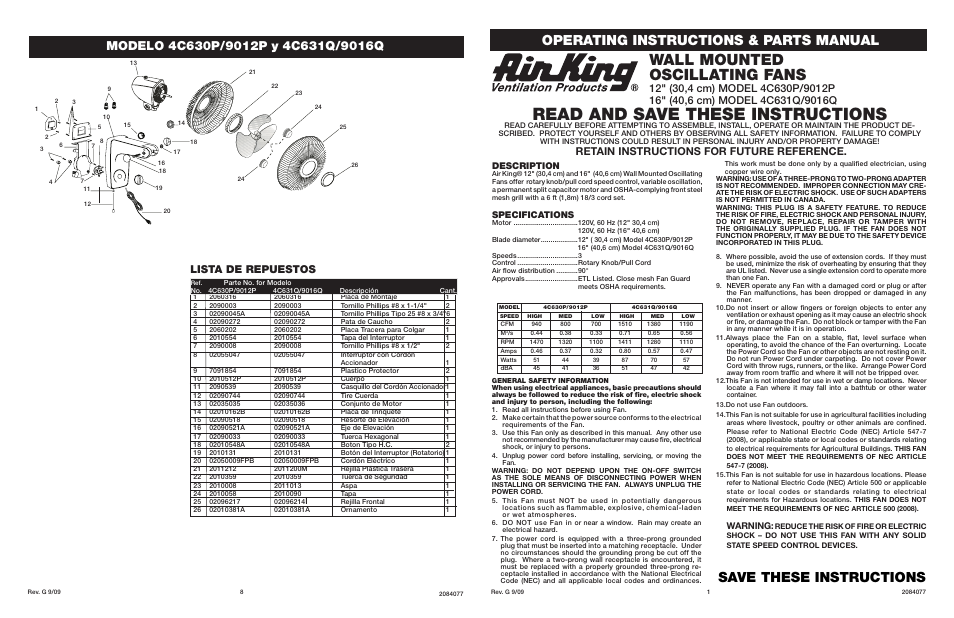 Air King 4C630P/9012P User Manual | 4 pages