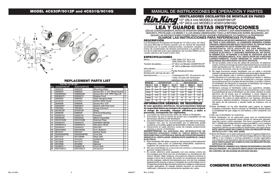 Lea y guarde estas instrucciones, Manual de instrucciones de operación y partes, Conserve estas intrucciones | Guarde las instrucciones para referencias futuras, Replacement parts list, Descripción, Especificaciones, Información general de seguridad | Air King 4C630P/9012P User Manual | Page 3 / 4