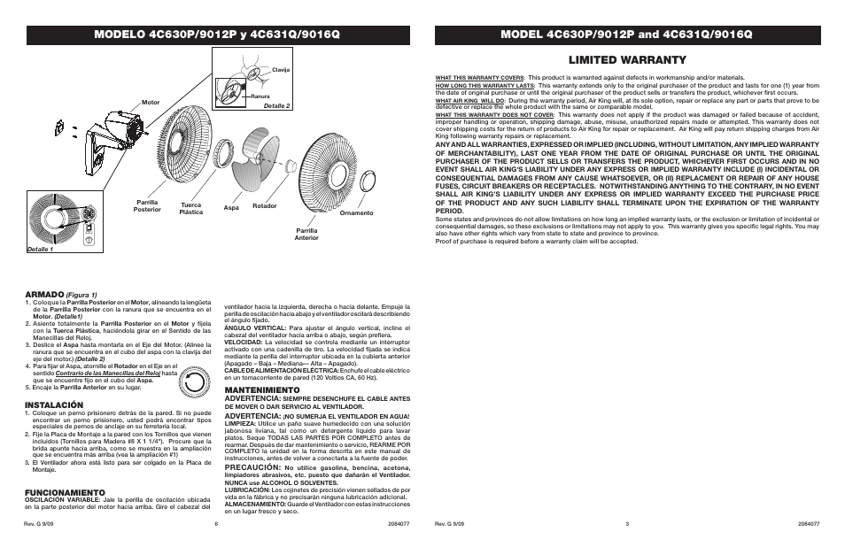 Limited warranty, Instalación, Armado | Funcionamiento, Mantenimiento | Air King 4C630P/9012P User Manual | Page 4 / 4