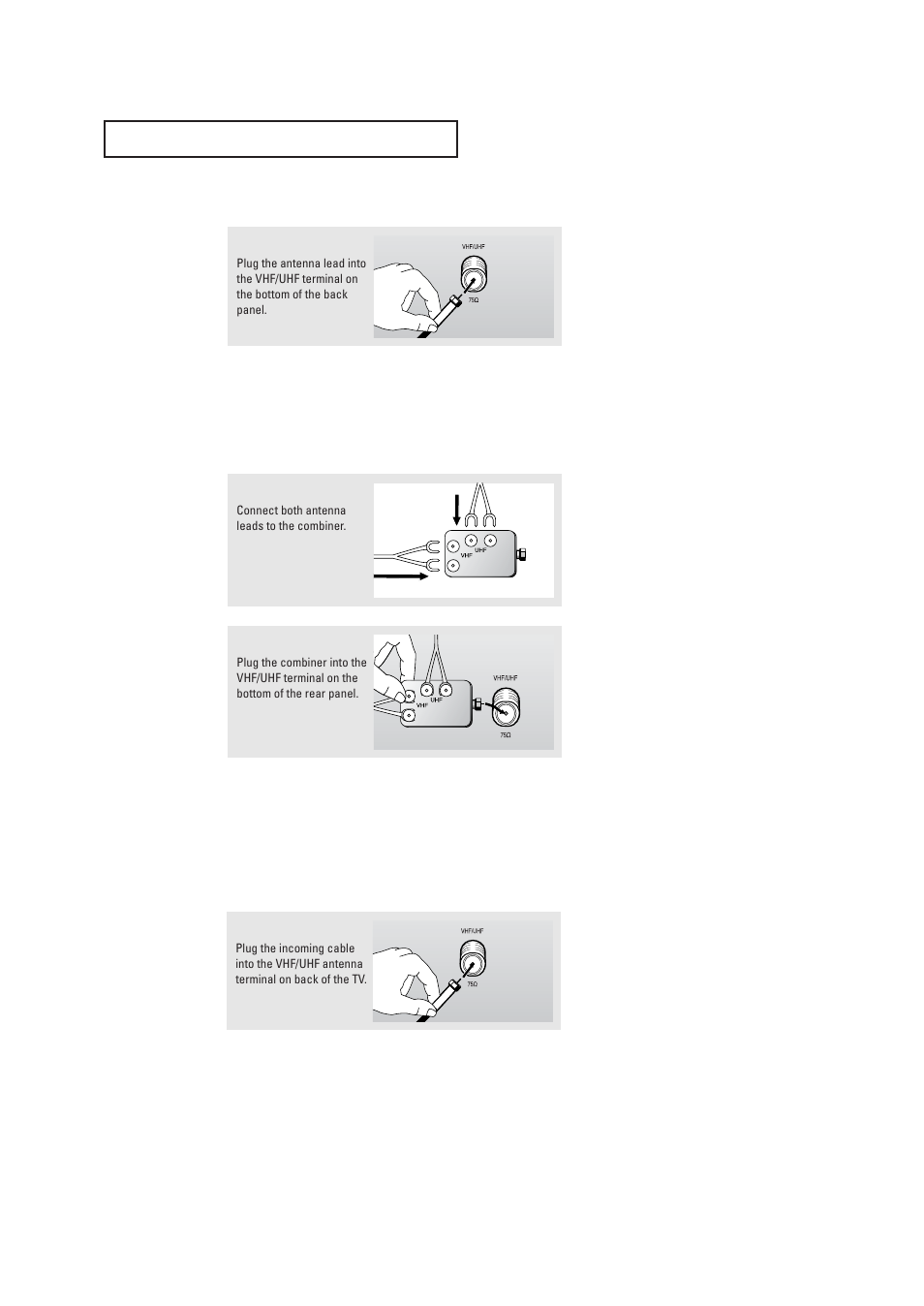 Antennas with 75-ohm round leads, Separate vhf and uhf antennas, Connecting cable tv | Cable without a cable box | Samsung TXR2735X-XAA User Manual | Page 12 / 62