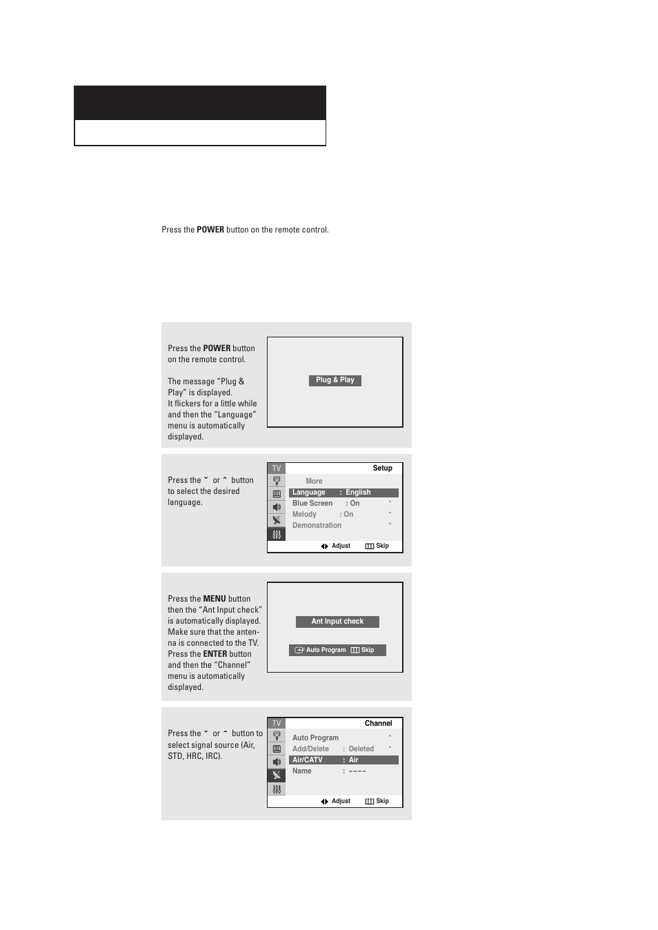 Chapter three : operation, Turning the tv on and off, Plug & play feature | Samsung TXR2735X-XAA User Manual | Page 20 / 62