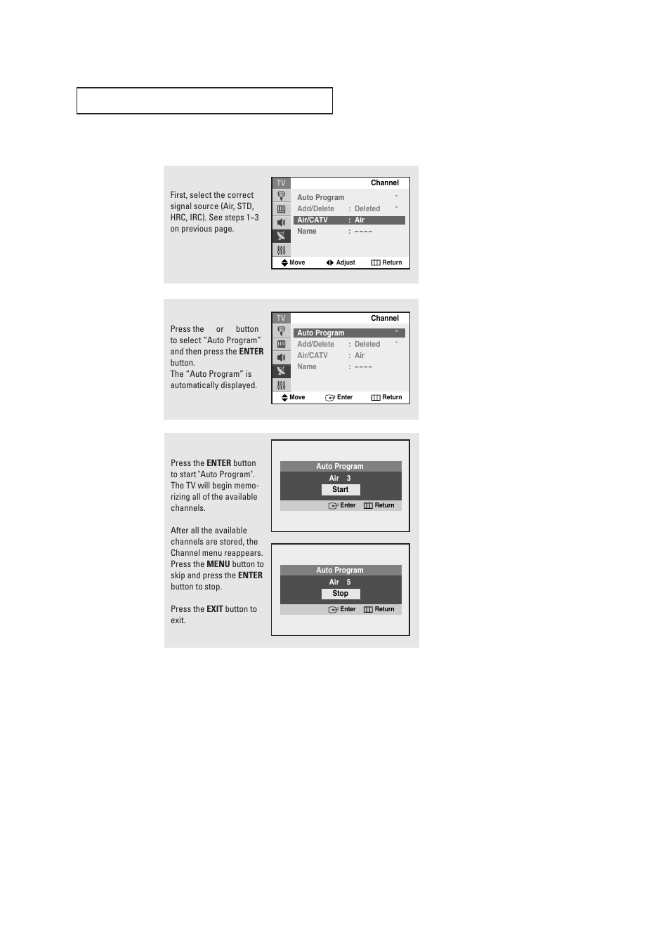 Storing channels in memory (automatic method) | Samsung TXR2735X-XAA User Manual | Page 25 / 62