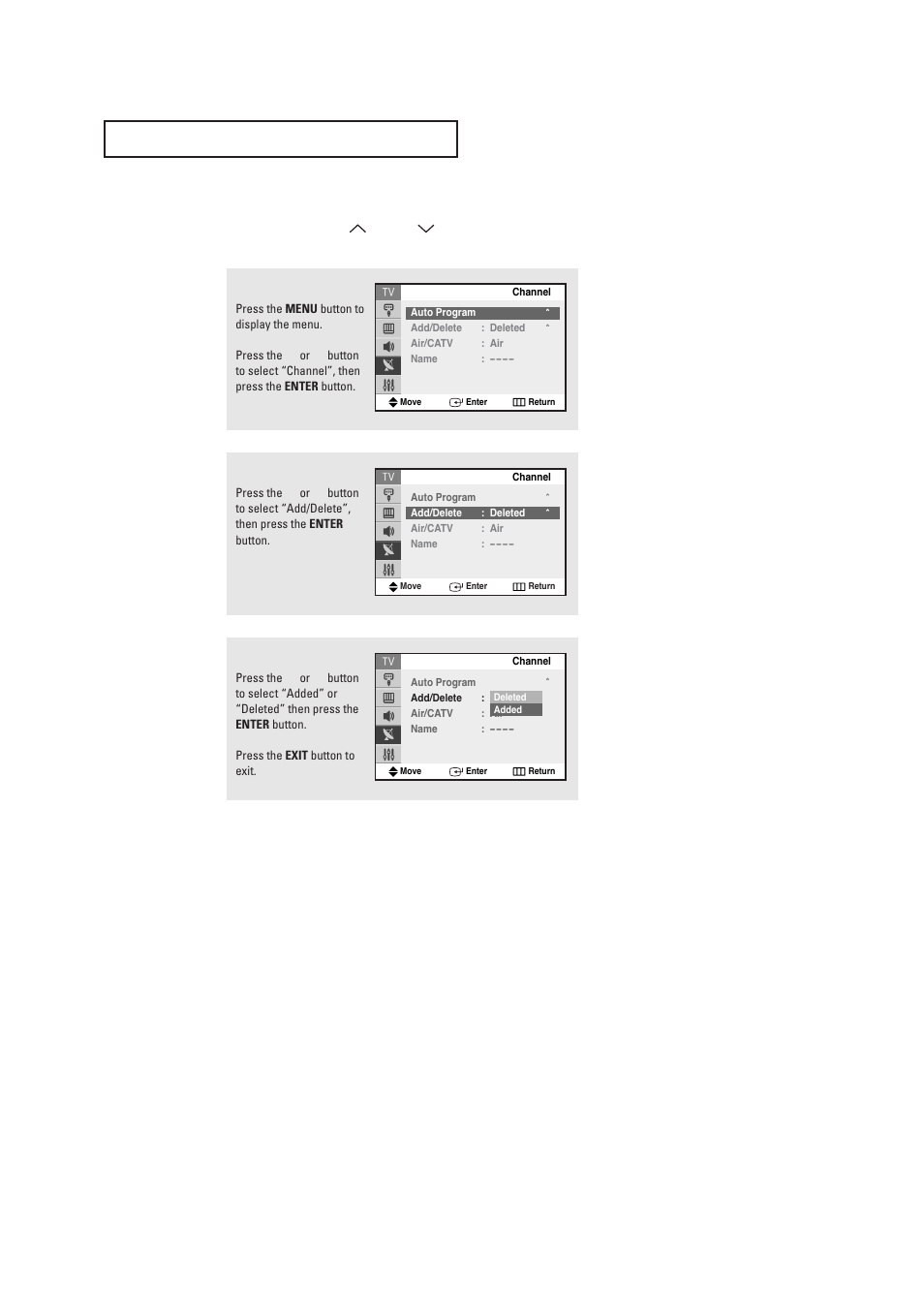 Adding and erasing channels (manual method) | Samsung TXR2735X-XAA User Manual | Page 26 / 62