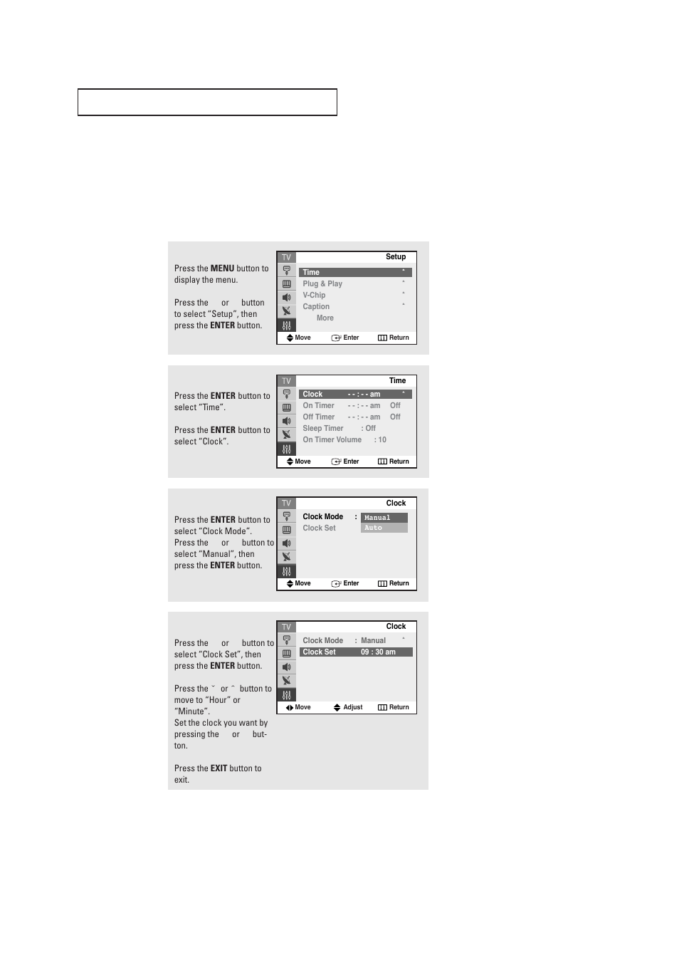 Setting the clock, Option 1: setting the clock manually | Samsung TXR2735X-XAA User Manual | Page 29 / 62