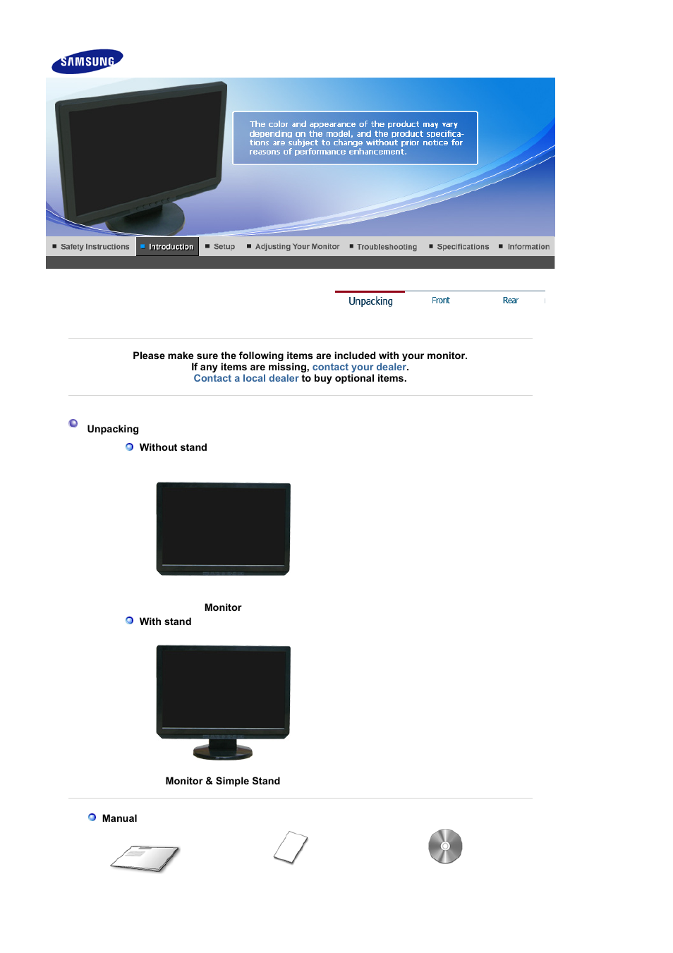 Introduction, Unpacking, Front | Samsung LS19WJWKSV-XAA User Manual | Page 12 / 48