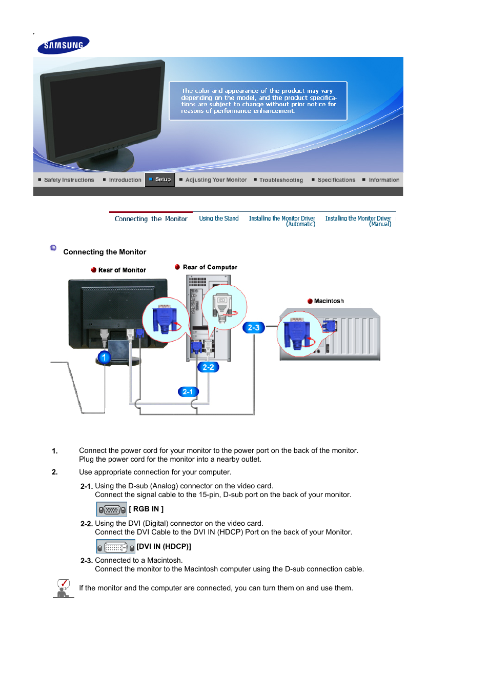 Setup, Connecting the monitor | Samsung LS19WJWKSV-XAA User Manual | Page 16 / 48