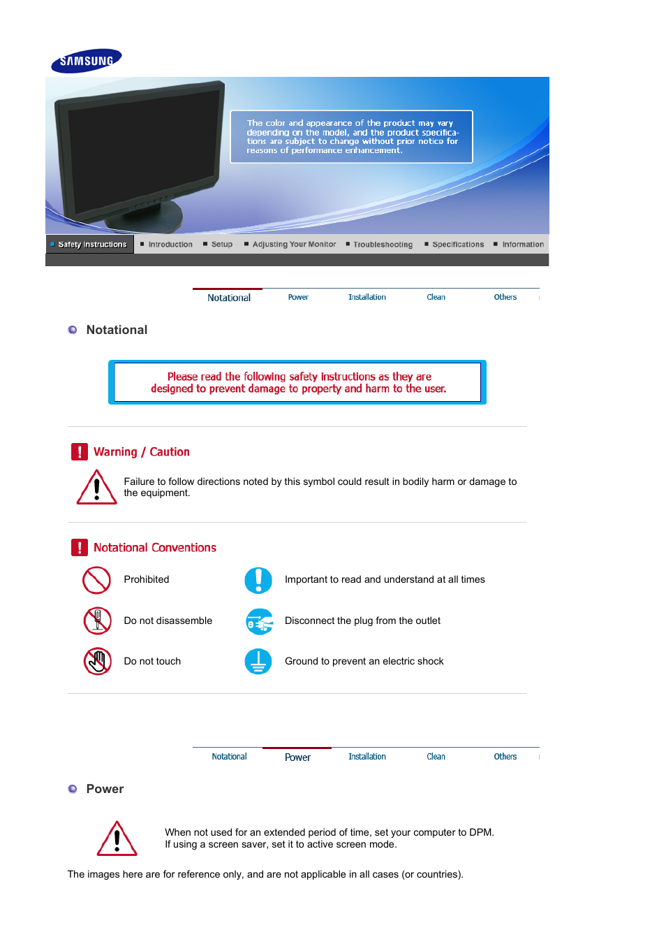 Safety instructions, Notational, Power | Samsung LS19WJWKSV-XAA User Manual | Page 2 / 48