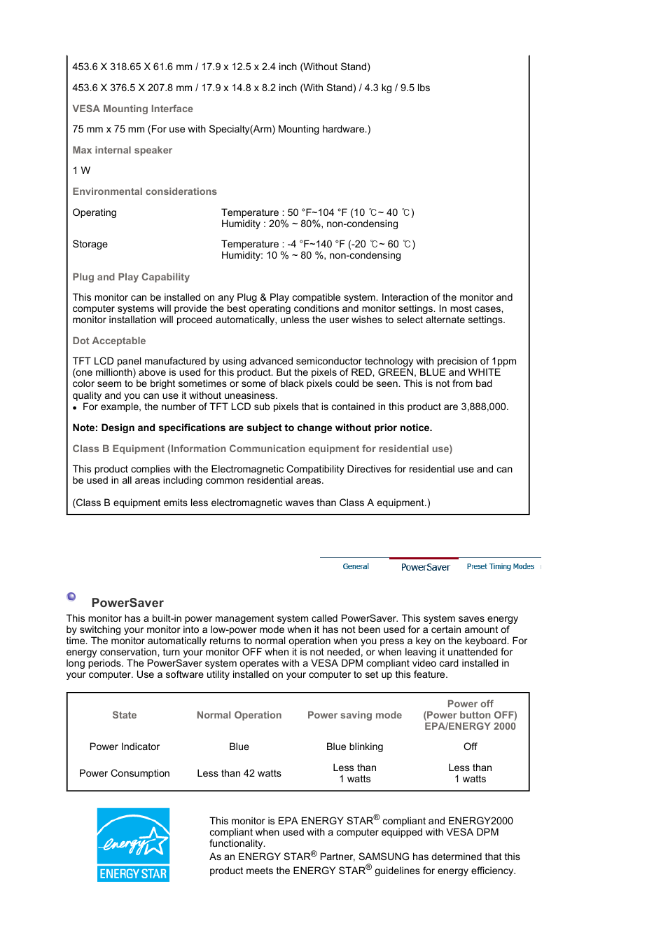 Powersaver, Preset timing modes | Samsung LS19WJWKSV-XAA User Manual | Page 42 / 48