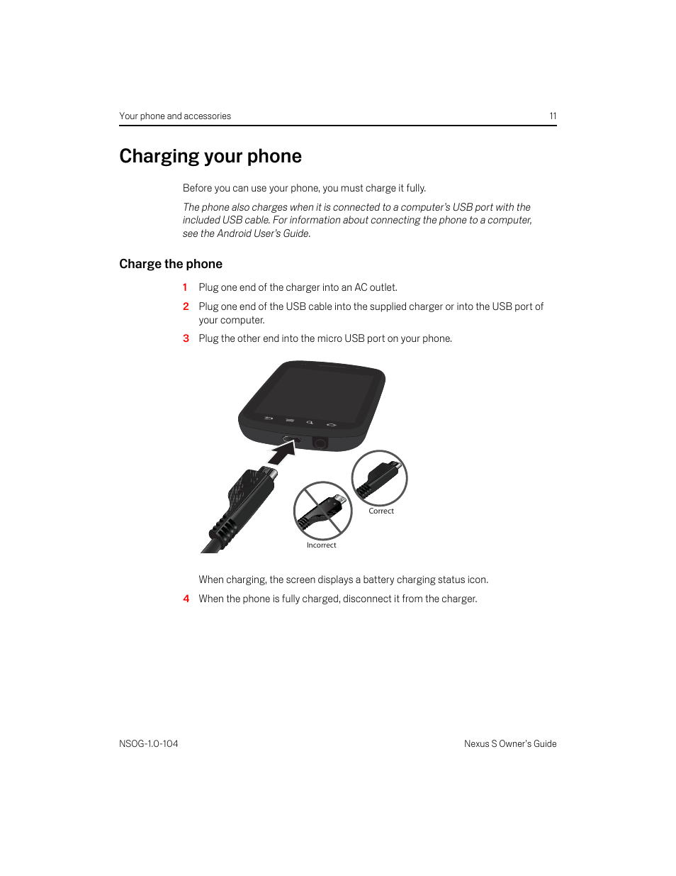 Charging your phone, Charge the phone, Charging your phone 11 | Charge the phone 11 | Samsung OG-I9020FSTTMB User Manual | Page 11 / 16