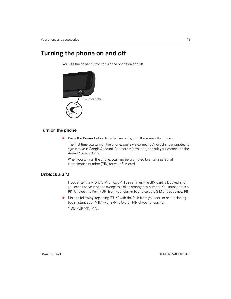 Turning the phone on and off, Turn on the phone, Unblock a sim | Turning the phone on and off 13, Turn on the phone 13 unblock a sim 13 | Samsung OG-I9020FSTTMB User Manual | Page 13 / 16