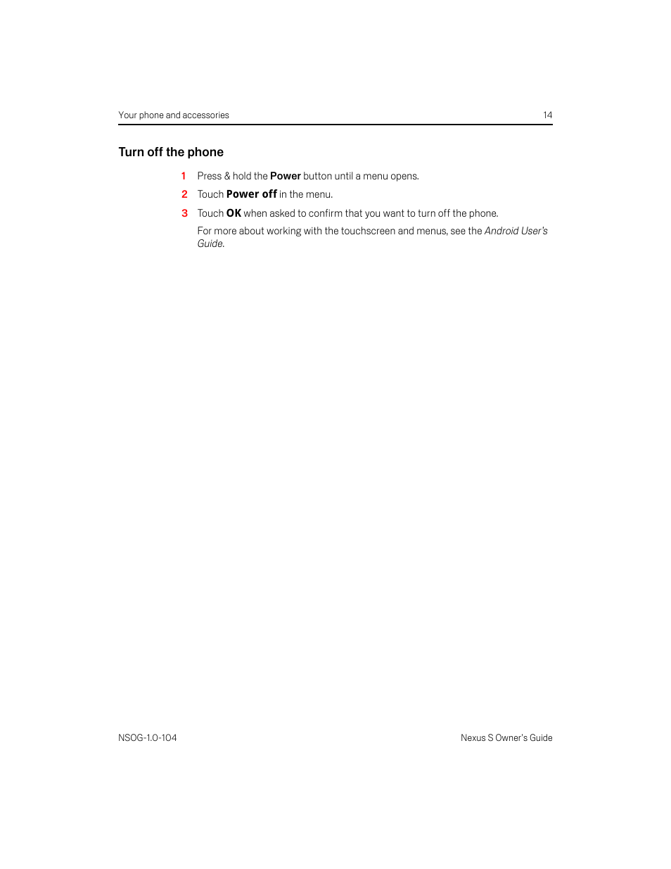 Turn off the phone, Turn off the phone 14 | Samsung OG-I9020FSTTMB User Manual | Page 14 / 16