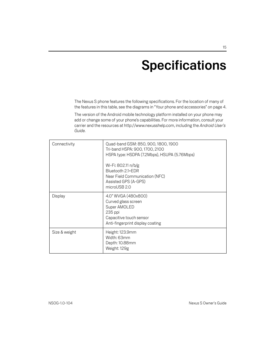 Specifications, Specifications 15 | Samsung OG-I9020FSTTMB User Manual | Page 15 / 16