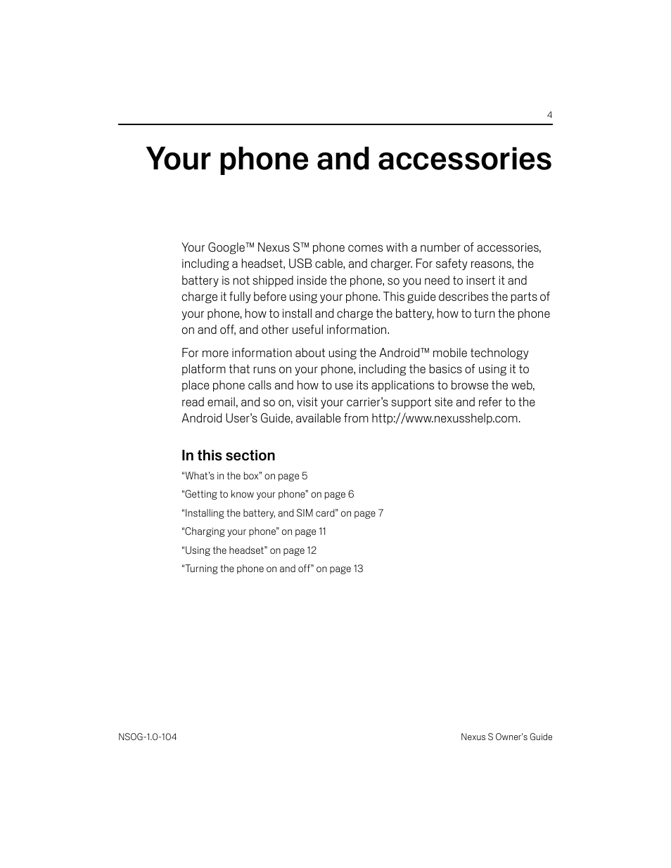 Your phone and accessories, Your phone and accessories 4 | Samsung OG-I9020FSTTMB User Manual | Page 4 / 16