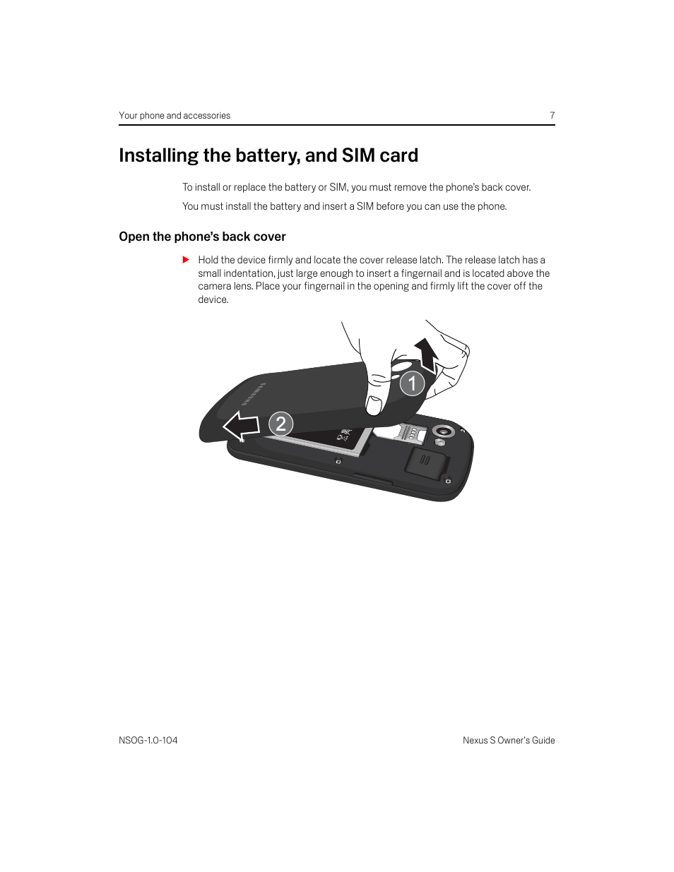 Installing the battery, and sim card, Open the phone’s back cover, Installing the battery, and sim card 7 | Open the phone’s back cover 7 | Samsung OG-I9020FSTTMB User Manual | Page 7 / 16