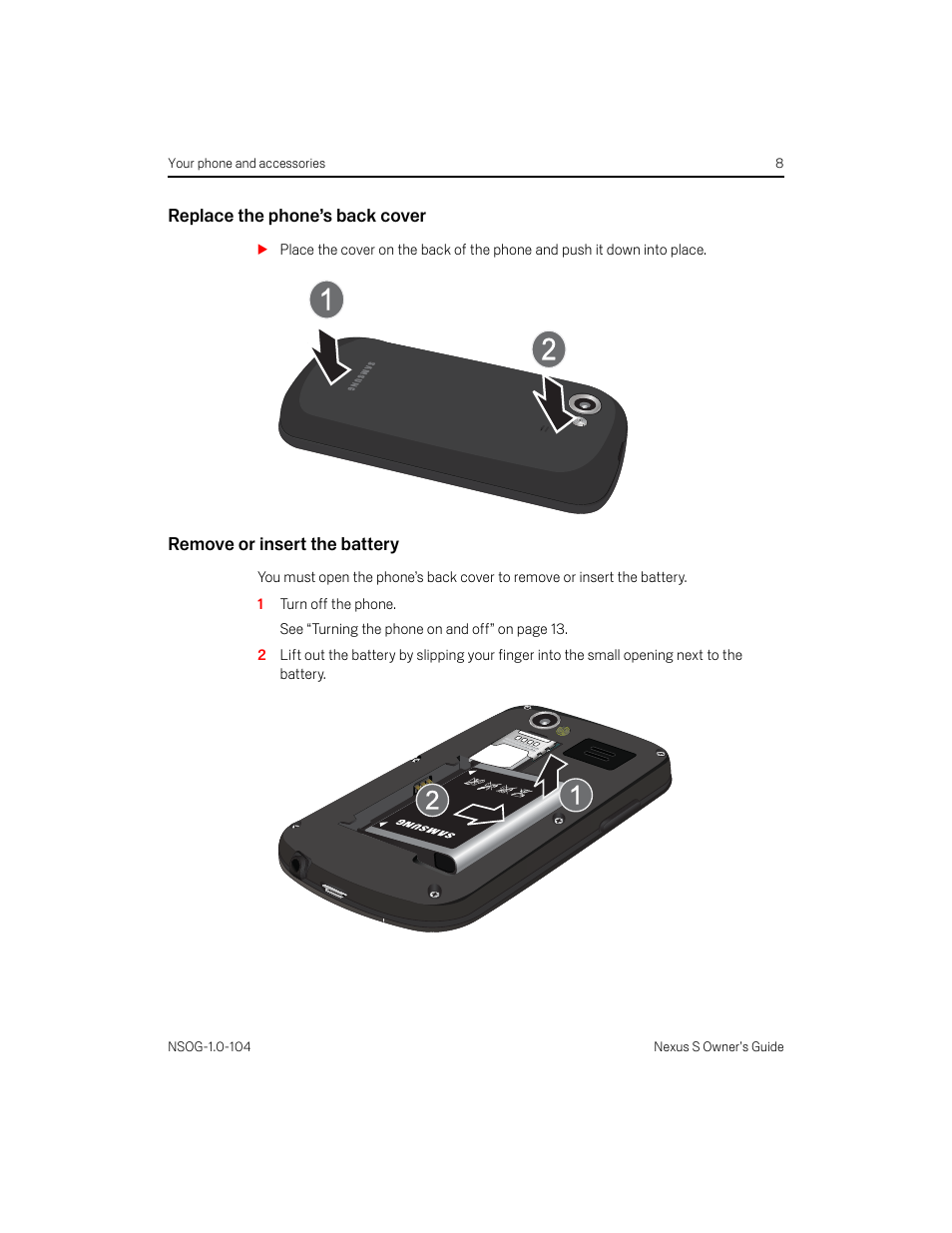 Replace the phone’s back cover, Remove or insert the battery | Samsung OG-I9020FSTTMB User Manual | Page 8 / 16