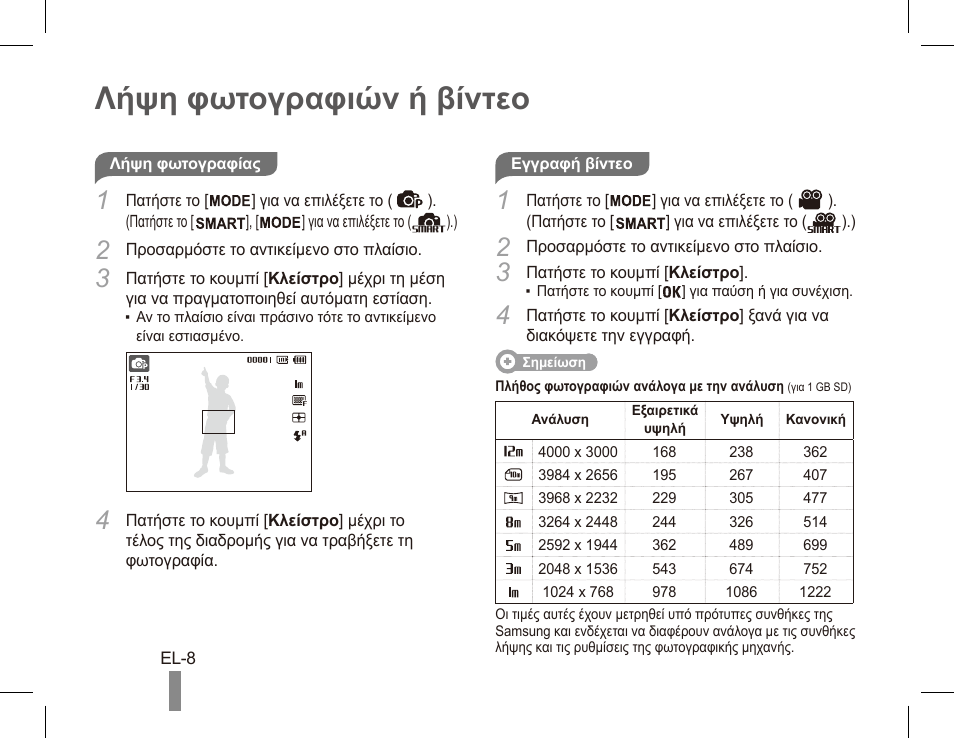 Λήψη φωτογραφιών ή βίντεο | Samsung EC-PL80ZZBPRCA User Manual | Page 108 / 142