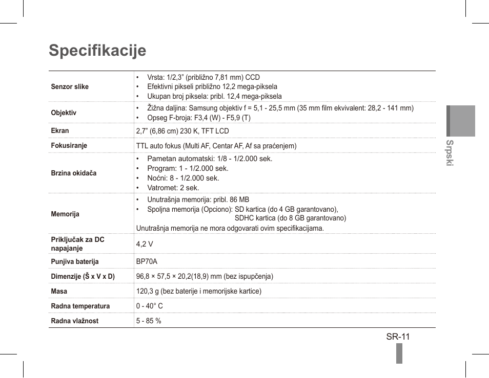 Specifikacije | Samsung EC-PL80ZZBPRCA User Manual | Page 121 / 142