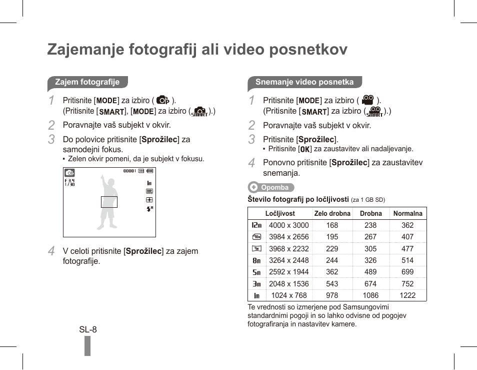 Zajemanje fotografij ali video posnetkov | Samsung EC-PL80ZZBPRCA User Manual | Page 128 / 142