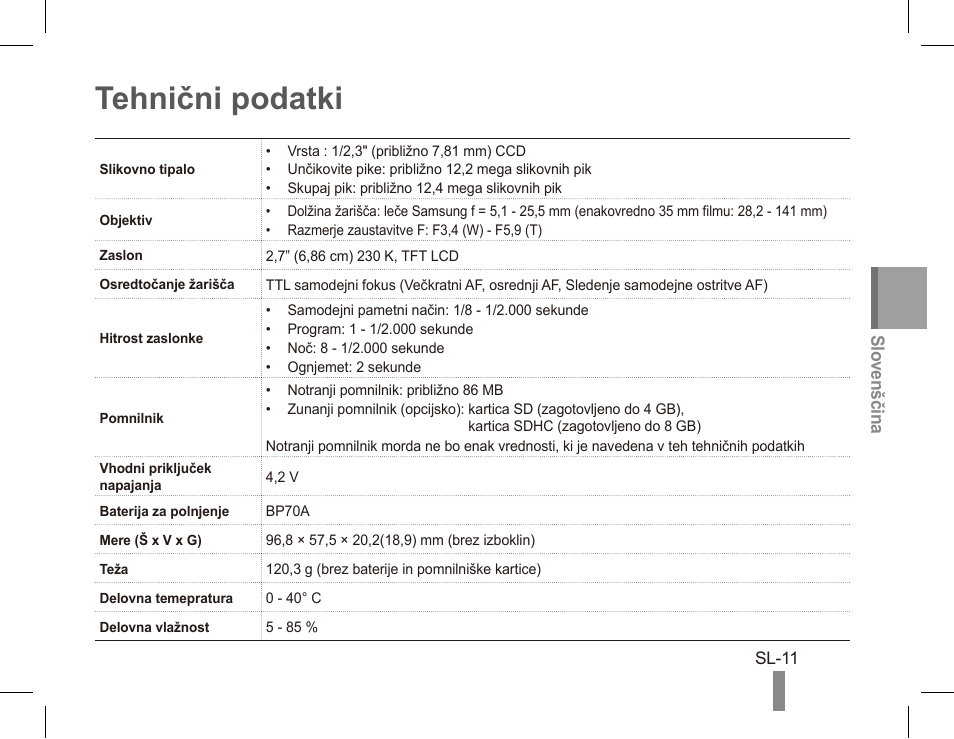 Tehnični podatki | Samsung EC-PL80ZZBPRCA User Manual | Page 131 / 142