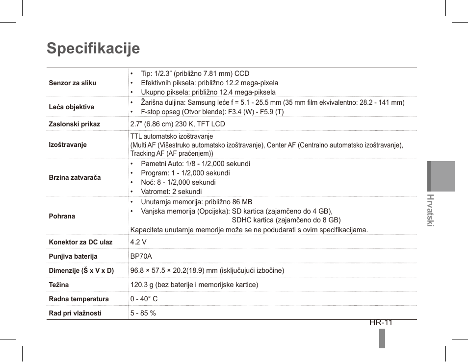 Specifikacije | Samsung EC-PL80ZZBPRCA User Manual | Page 141 / 142