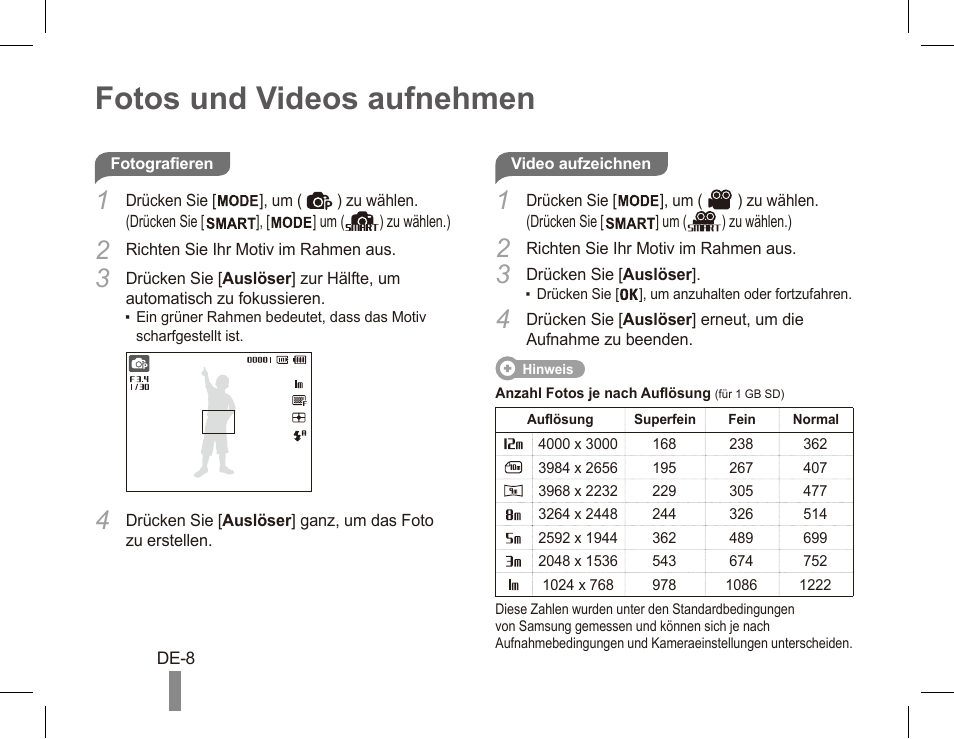 Fotos und videos aufnehmen | Samsung EC-PL80ZZBPRCA User Manual | Page 18 / 142