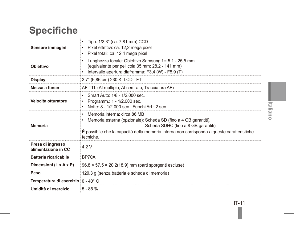 Specifiche | Samsung EC-PL80ZZBPRCA User Manual | Page 41 / 142