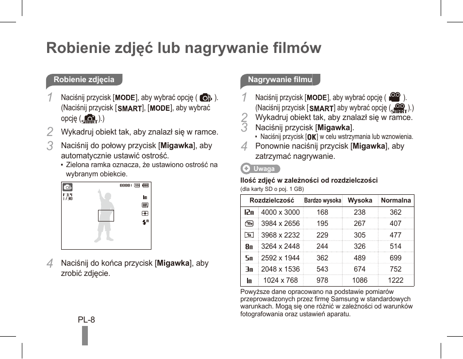 Robienie zdjęć lub nagrywanie filmów | Samsung EC-PL80ZZBPRCA User Manual | Page 48 / 142