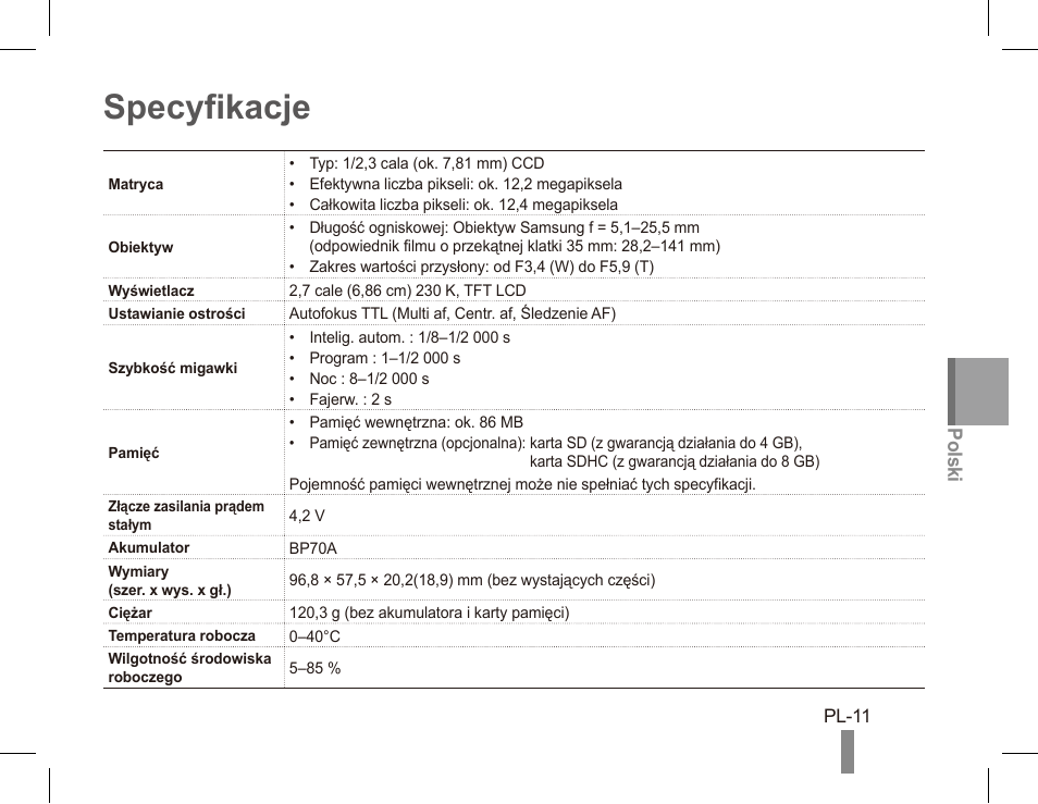 Specyfikacje | Samsung EC-PL80ZZBPRCA User Manual | Page 51 / 142