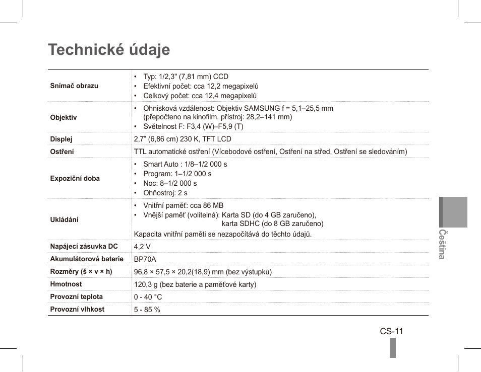 Technické údaje | Samsung EC-PL80ZZBPRCA User Manual | Page 61 / 142