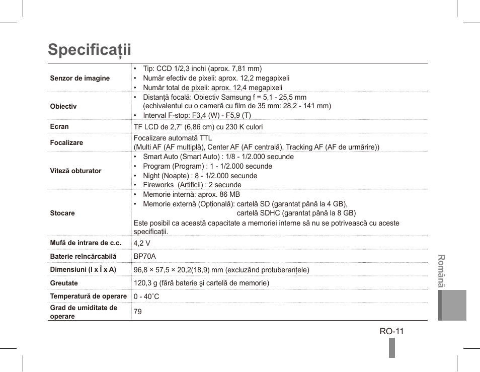 Specificaţii | Samsung EC-PL80ZZBPRCA User Manual | Page 91 / 142