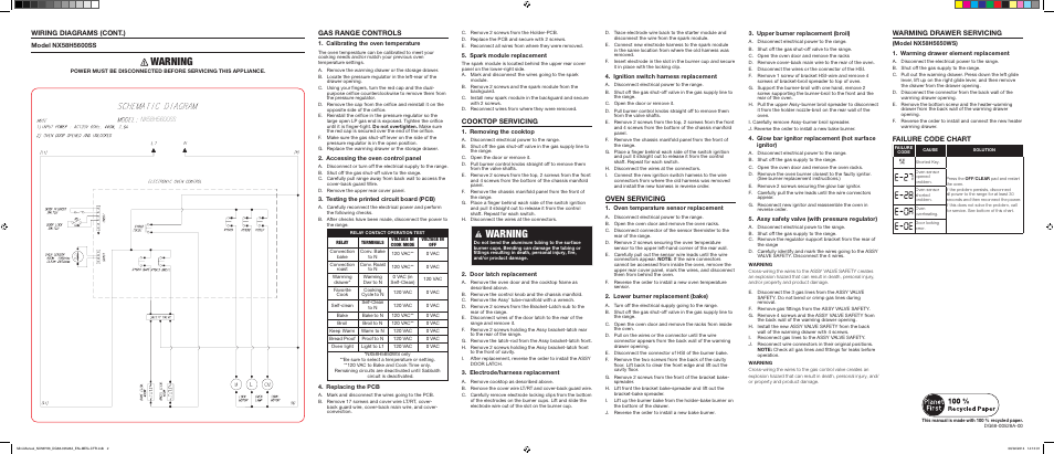 Warning, Wiring diagrams (cont.), Gas range controls | Warming drawer servicing, Failure code chart, Cooktop servicing, Oven servicing | Samsung NX58H5650WS-AA User Manual | Page 2 / 6