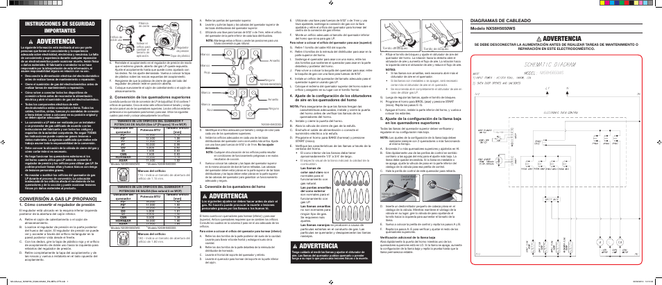 Advertencia, Instrucciones de seguridad importantes, Conversión a gas lp (propano) | Diagramas de cableado | Samsung NX58H5650WS-AA User Manual | Page 3 / 6