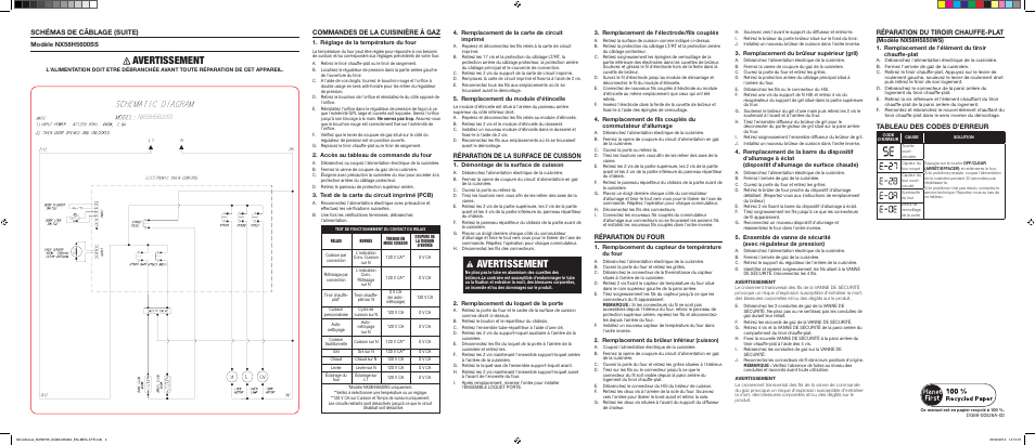 Avertissement, Schémas de câblage (suite), Commandes de la cuisinière à gaz | Réparation du tiroir chauffe-plat, Tableau des codes d'erreur, Réparation de la surface de cuisson, Réparation du four | Samsung NX58H5650WS-AA User Manual | Page 6 / 6