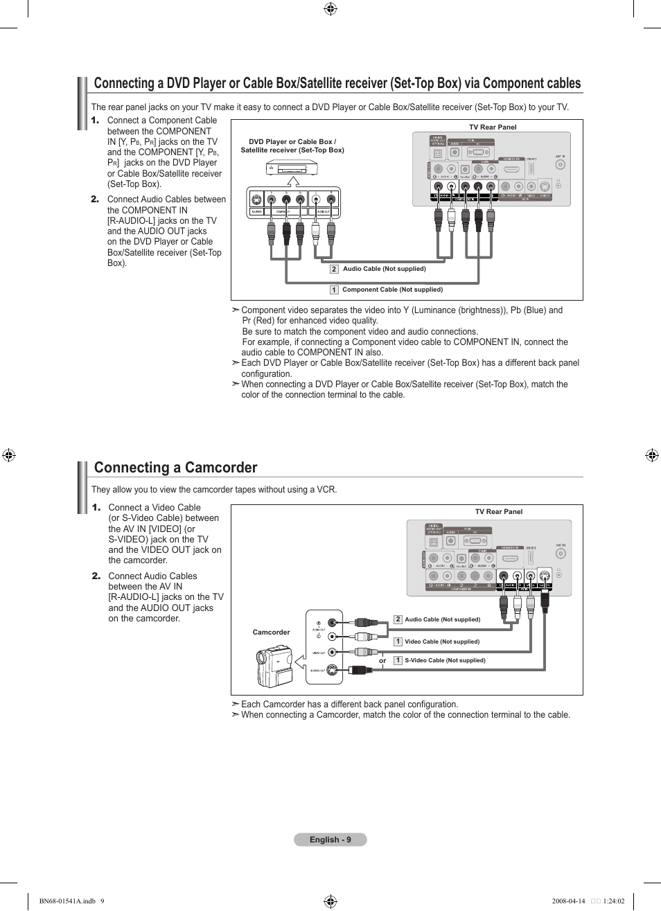 Connecting a camcorder | Samsung LN22A650A1DXZA User Manual | Page 11 / 121