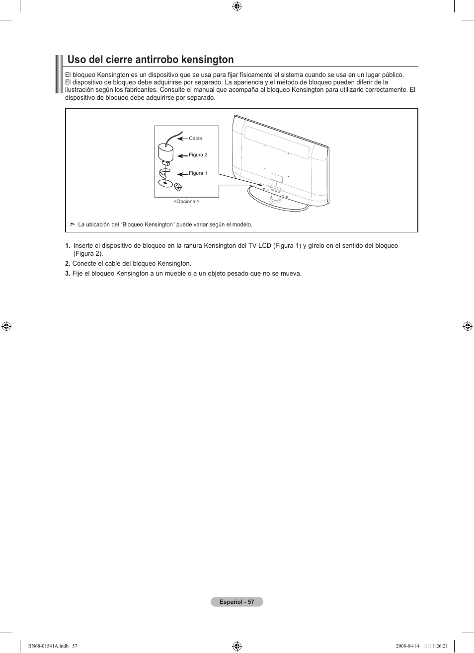 Uso del cierre antirrobo kensington | Samsung LN22A650A1DXZA User Manual | Page 119 / 121