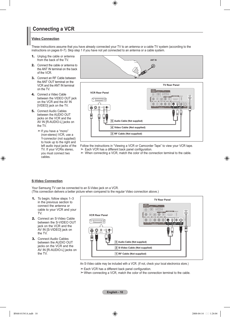 Connecting a vcr | Samsung LN22A650A1DXZA User Manual | Page 12 / 121