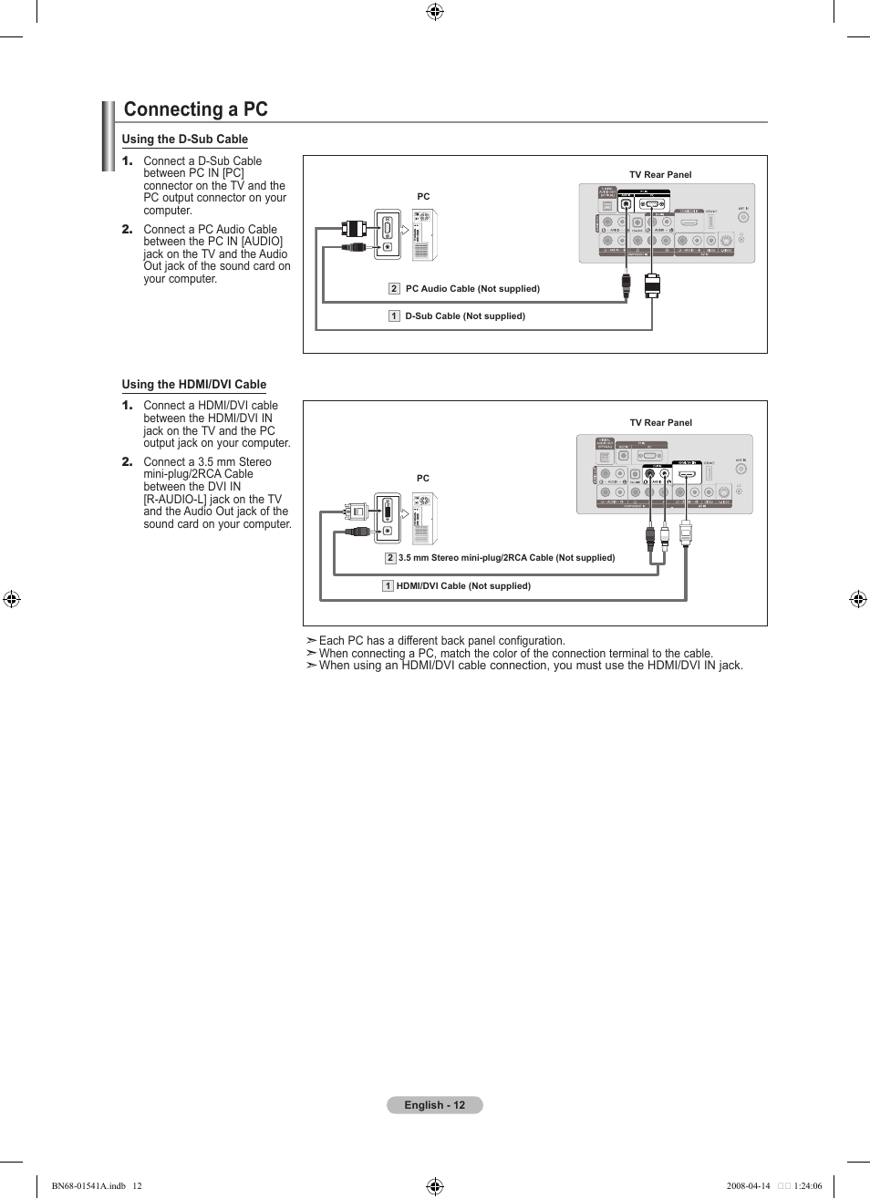 Connecting a pc | Samsung LN22A650A1DXZA User Manual | Page 14 / 121