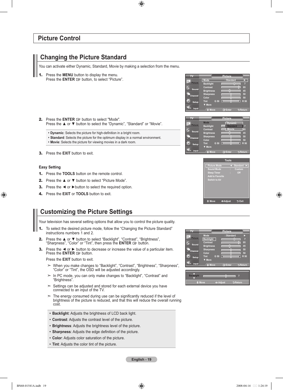 Picture control, Changing the picture standard, Customizing the picture settings | Samsung LN22A650A1DXZA User Manual | Page 21 / 121