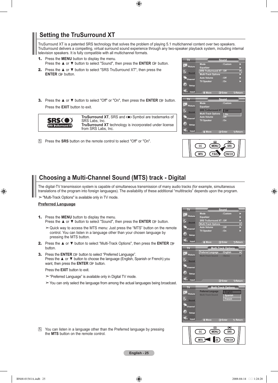 Setting the trusurround xt | Samsung LN22A650A1DXZA User Manual | Page 27 / 121