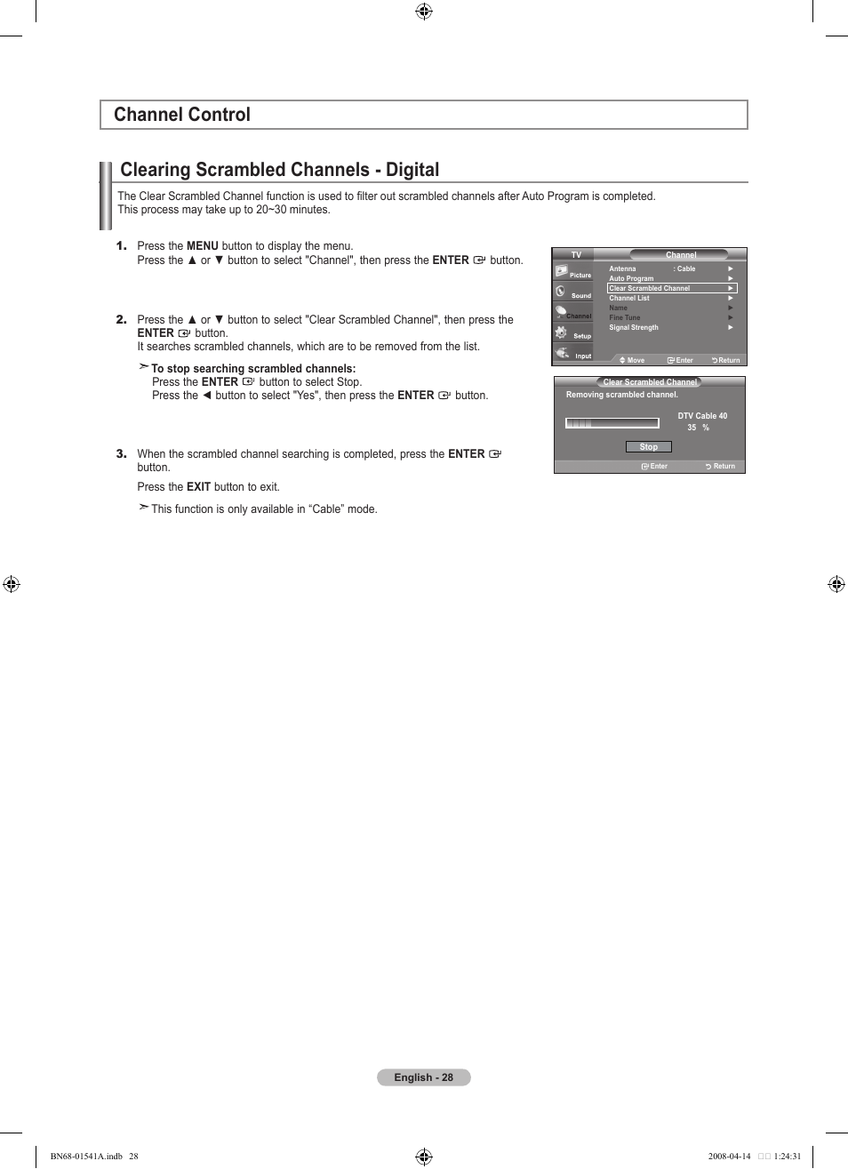 Channel control, Clearing scrambled channels - digital | Samsung LN22A650A1DXZA User Manual | Page 30 / 121