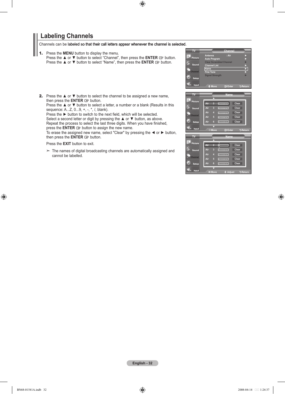 Labeling channels | Samsung LN22A650A1DXZA User Manual | Page 34 / 121