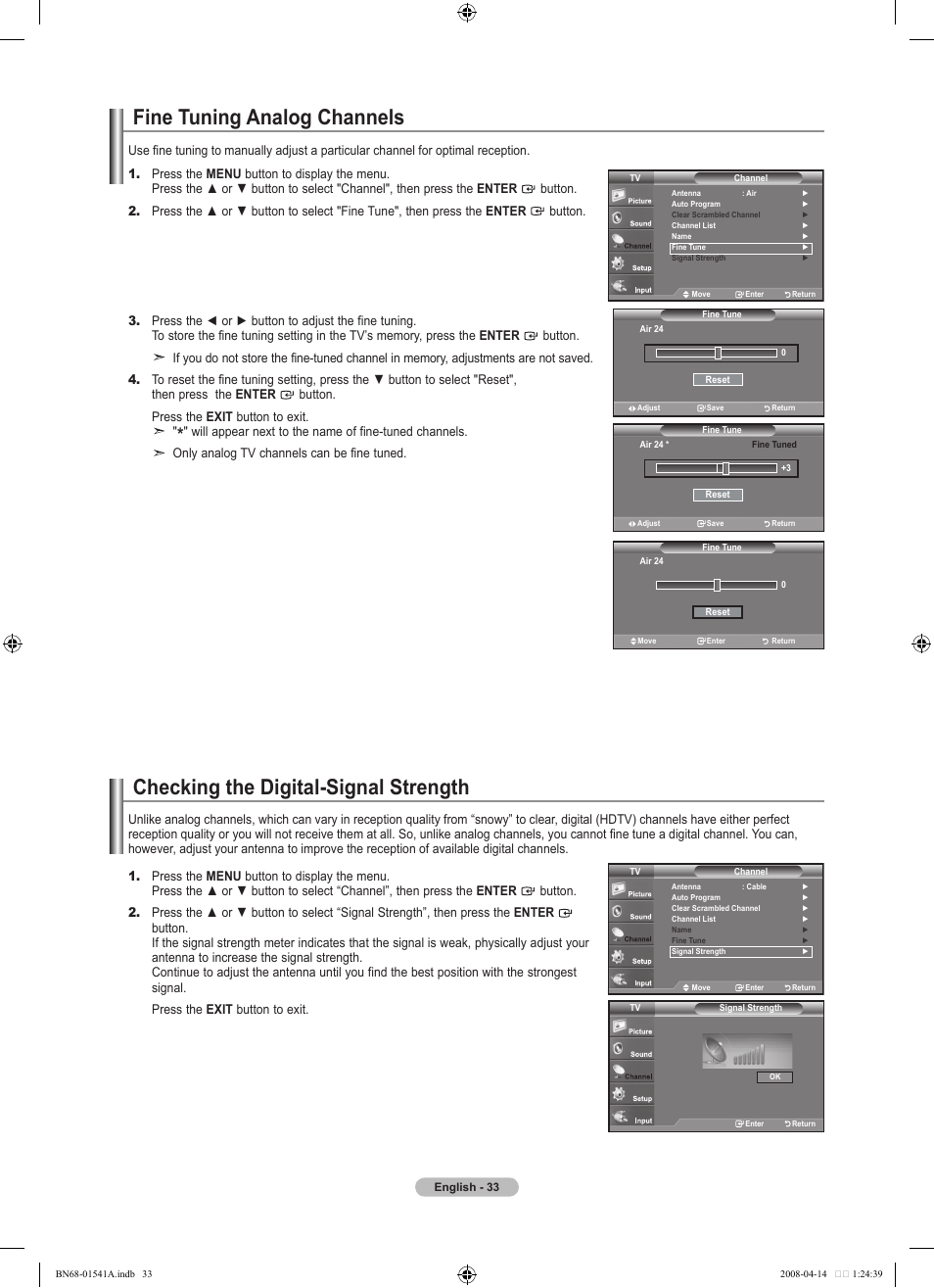 Fine tuning analog channels, Checking the digital-signal strength | Samsung LN22A650A1DXZA User Manual | Page 35 / 121