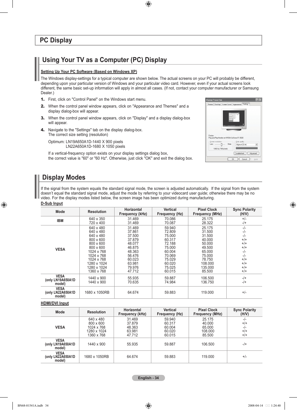 Pc display, Using your tv as a computer (pc) display, Display modes | Pc display display modes | Samsung LN22A650A1DXZA User Manual | Page 36 / 121