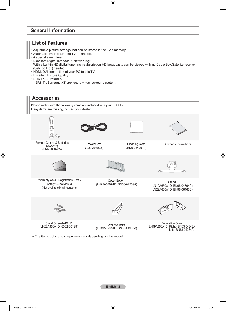 General information, List of features, Accessories | General information list of features | Samsung LN22A650A1DXZA User Manual | Page 4 / 121