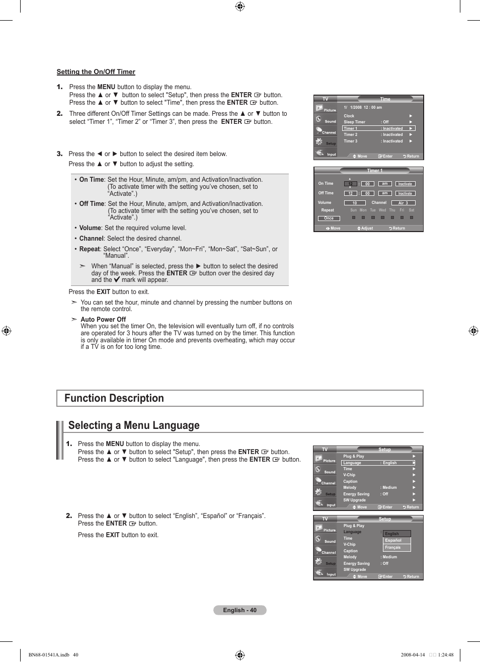 Function description, Selecting a menu language | Samsung LN22A650A1DXZA User Manual | Page 42 / 121